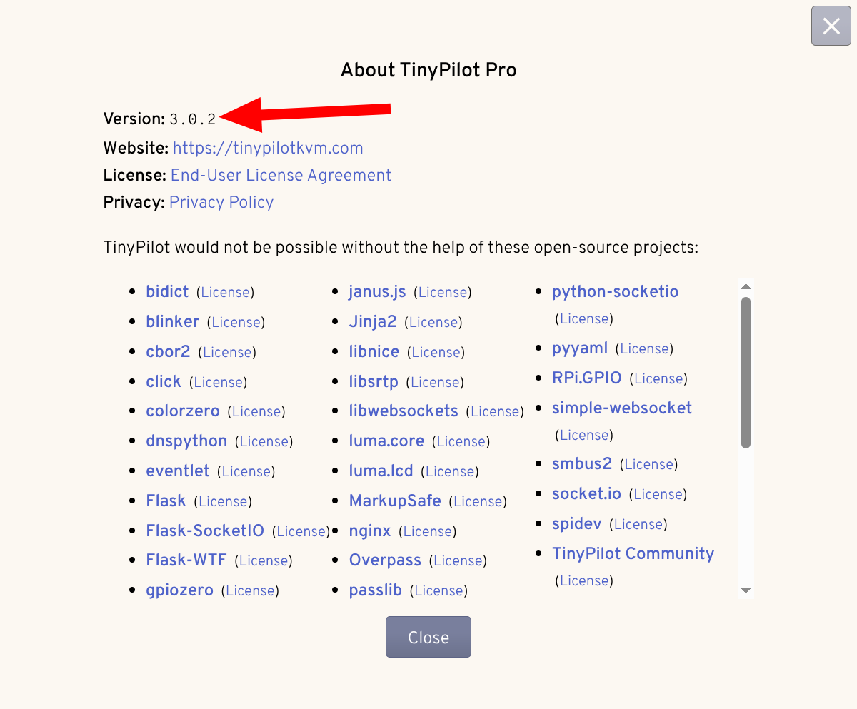 A screenshot of TinyPilot's About dialog with a red arrow showing the software version as 3.0.2