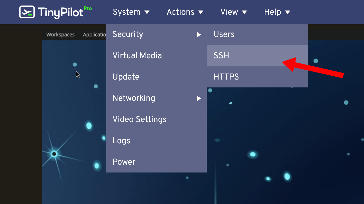 The TinyPilot web interface is shown. The 'System' menu has been opened, with the 'SSH' menu item highlighted within the Security menu. A red arrow points to the SSH menu item.