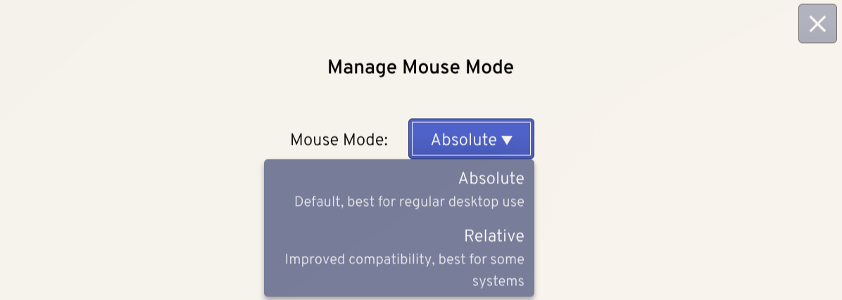 TinyPilot's Mouse Mode selector dropdown is open showing the Absolute and Relative mouse mode options.