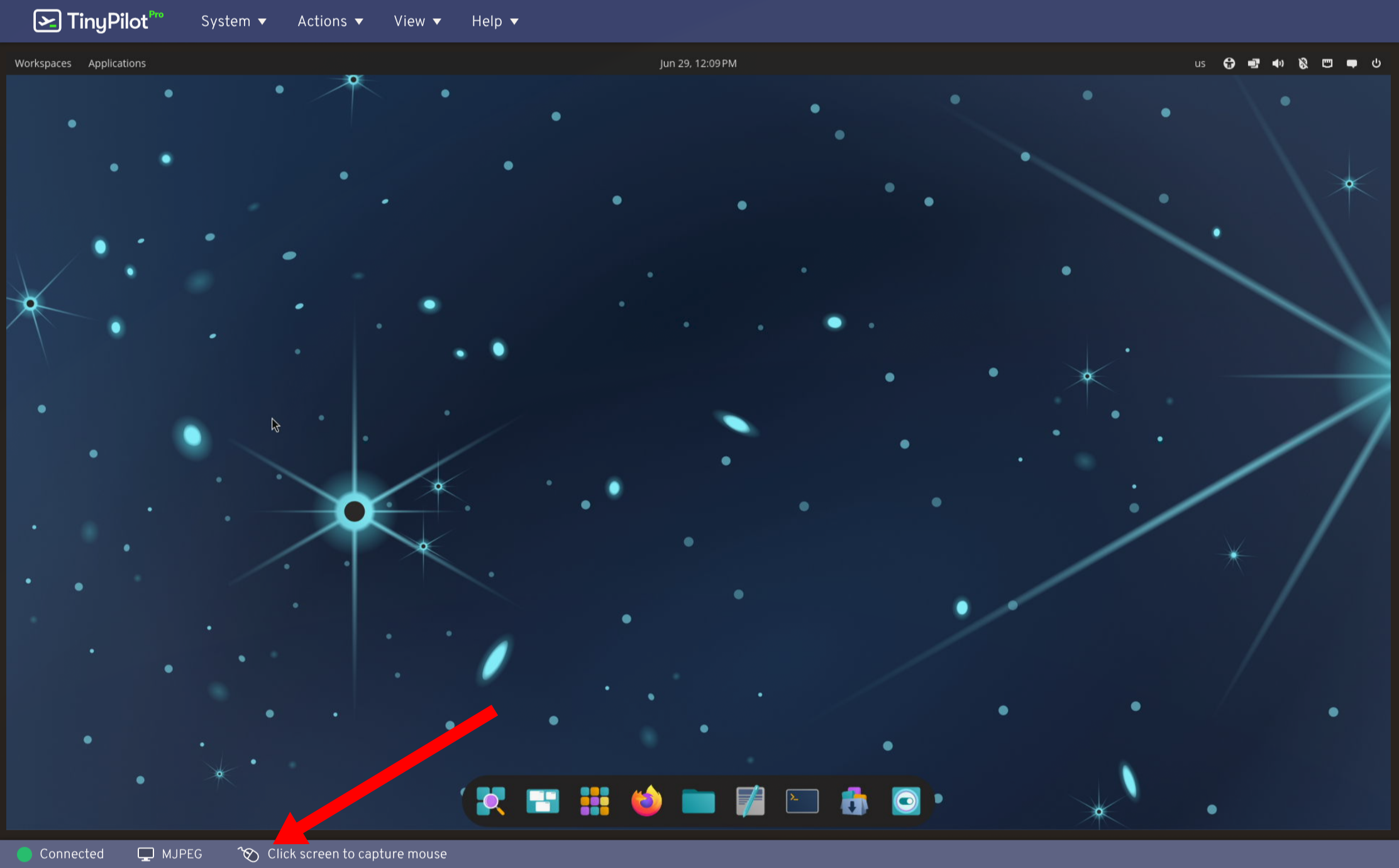 A screenshot of the TinyPilot web interface in Relative mouse mode. A red arrow points to the relative mouse mode indicator showing you need to click the screen to capture the mouse.