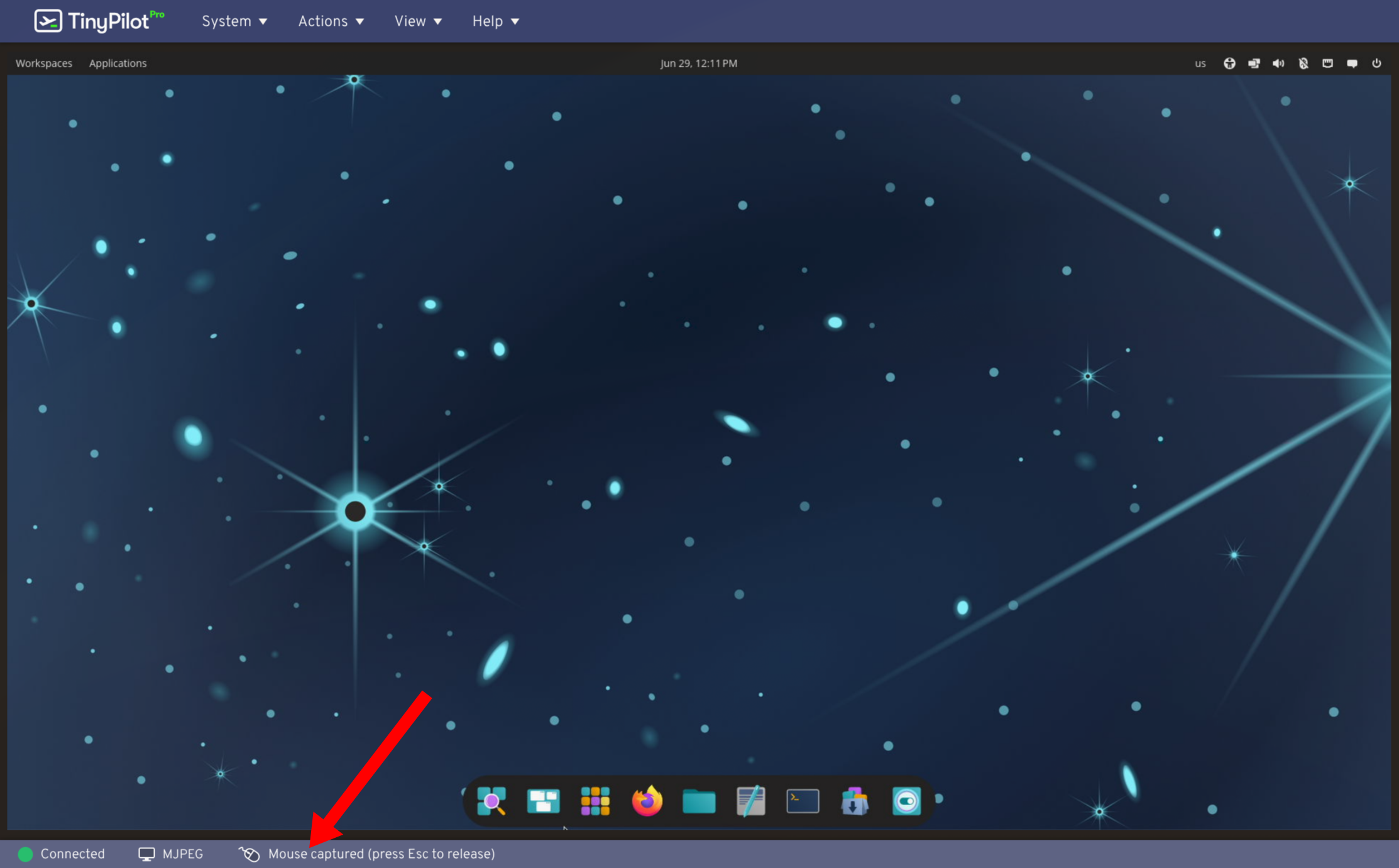 A screenshot of the TinyPilot web interface in Relative mouse mode. A red arrow points to the relative mouse mode indicator showing you need to press the Esc key to release the mouse.