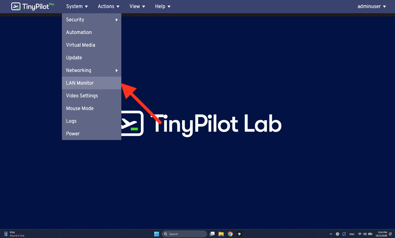 The System menu is open, with LAN Monitor highlighted.