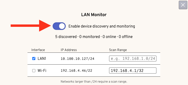 The LAN Monitor dialog shows device discovery enabled and selected network interfaces.