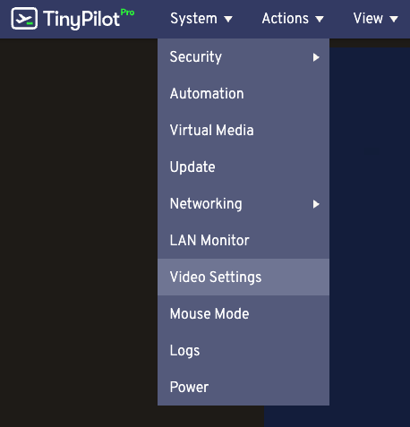 Screenshot of TinyPilot navigation bar selecting Video Settings