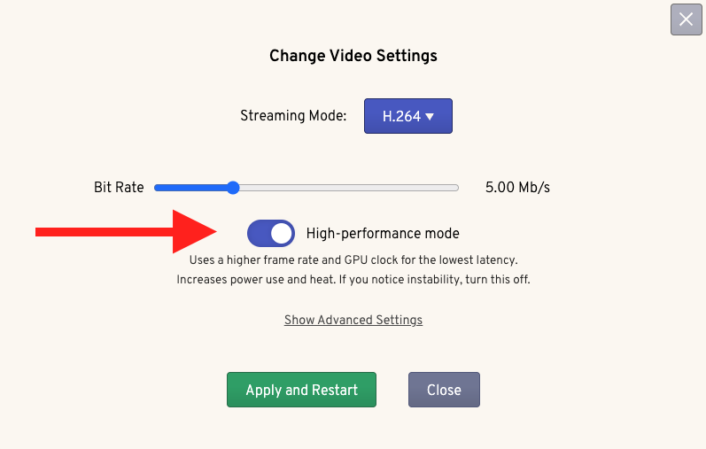 Screenshot of TinyPilot high-performance mode selector.