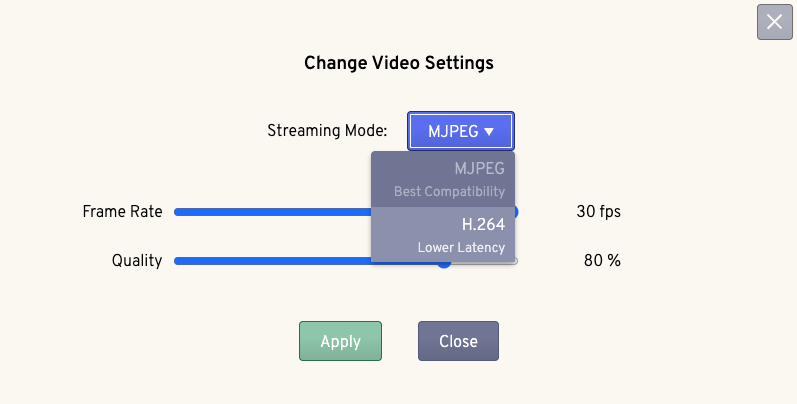Screenshot of TinyPilot video format selection dropdown list