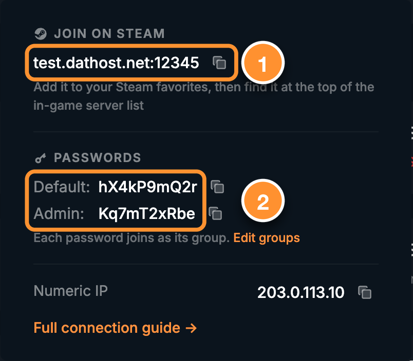 Server address and passwords in the connection details
