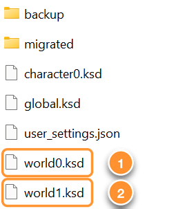 world0.ksd and world1.ksd in the save folder