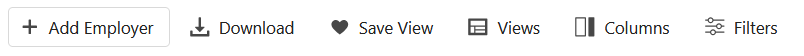 Toolbar with buttons labeled Add Employer, Download, Save View, Views, Columns, and Filters.