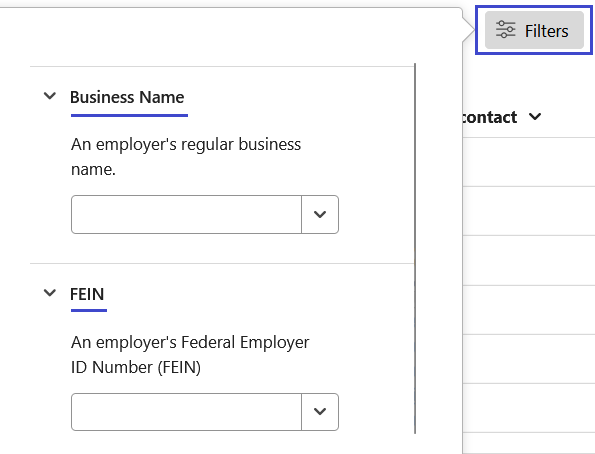 Filters tool expanded, showing the Business Name and FEIN filter fields with dropdown menus for selecting or typing values.