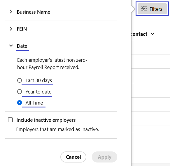 Filters tool expanded, with the Date section showing three options: Last 30 days, Year to date, and All Time (selected by default).