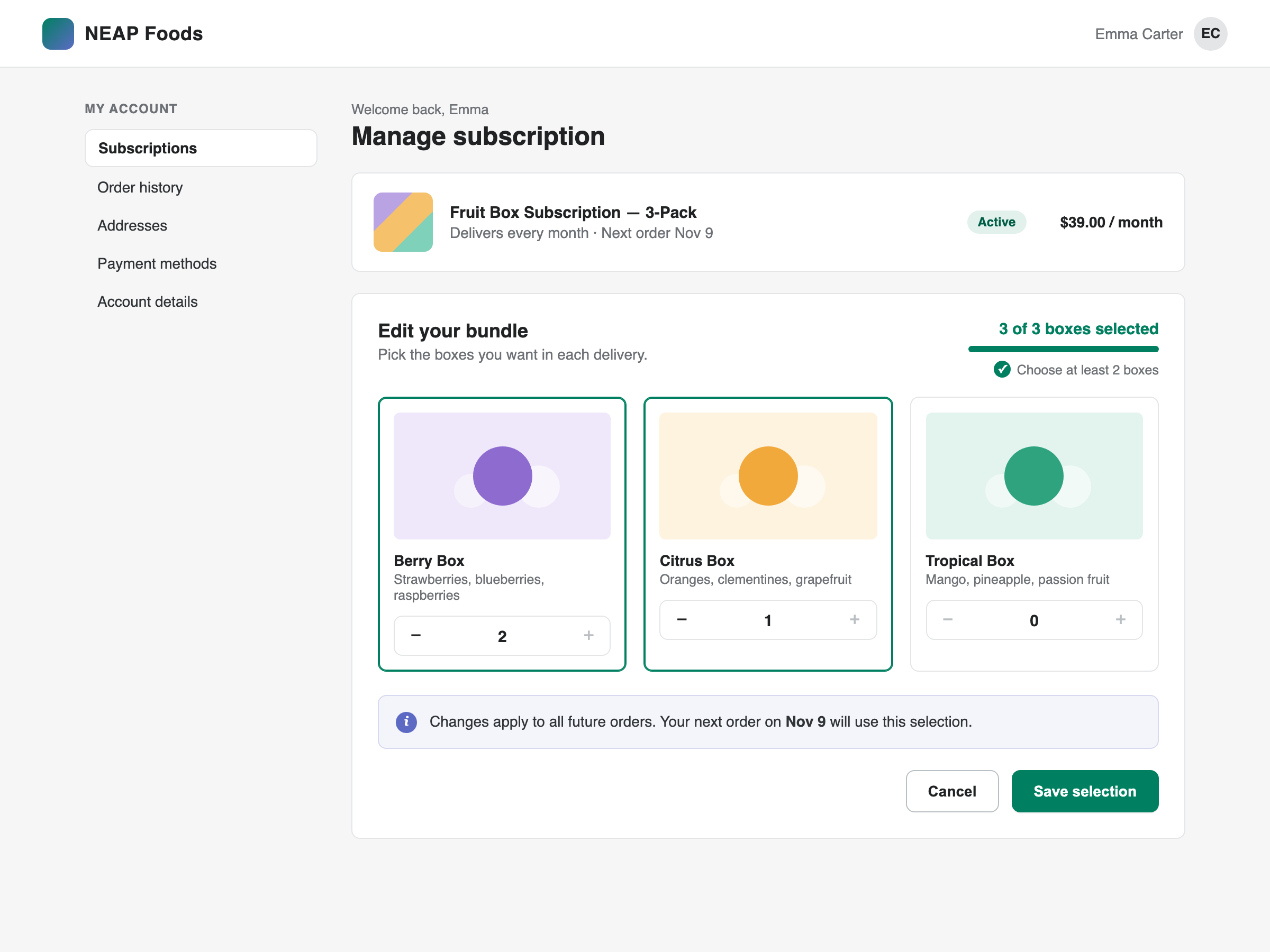 Example edit your bundle screen in a subscription customer portal