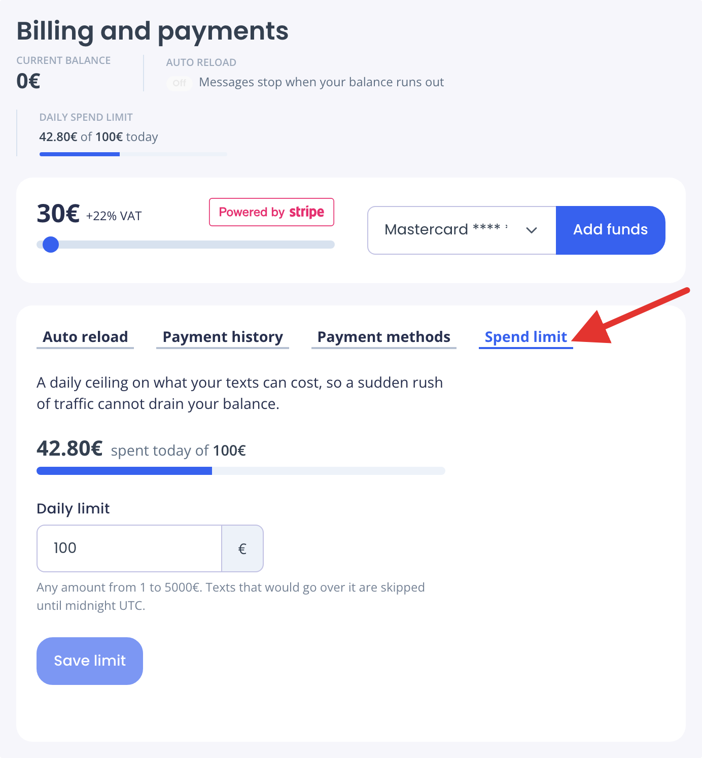 Billing page with the Daily spend limit bar and the Spend limit tab