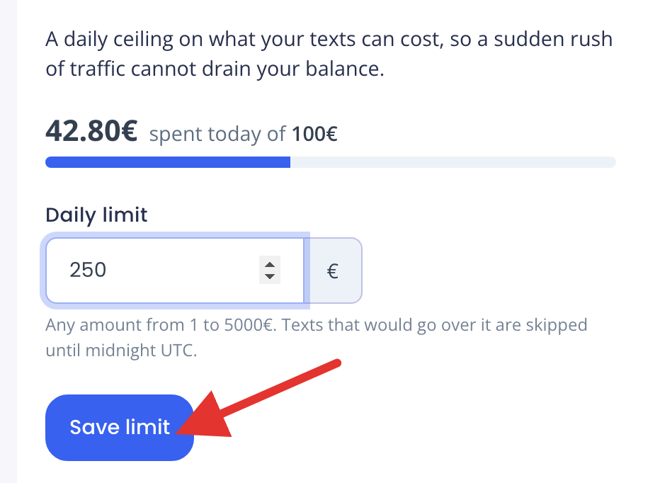 Daily limit field set to 250 with the Save limit button