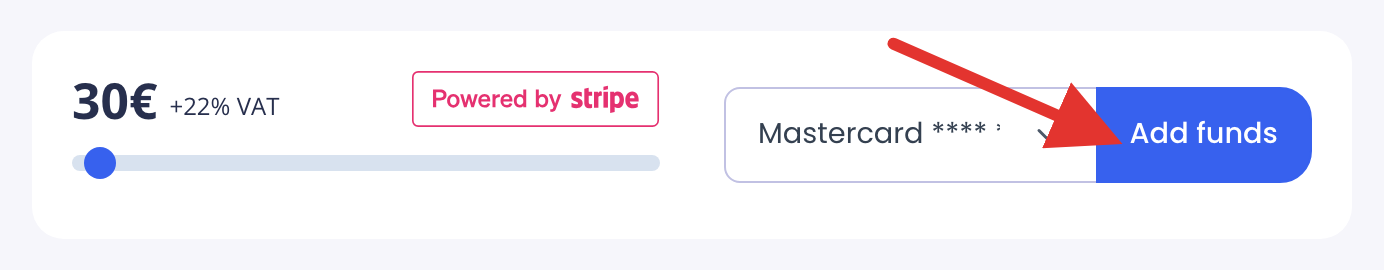 Add funds slider with the card selector and the Add funds button