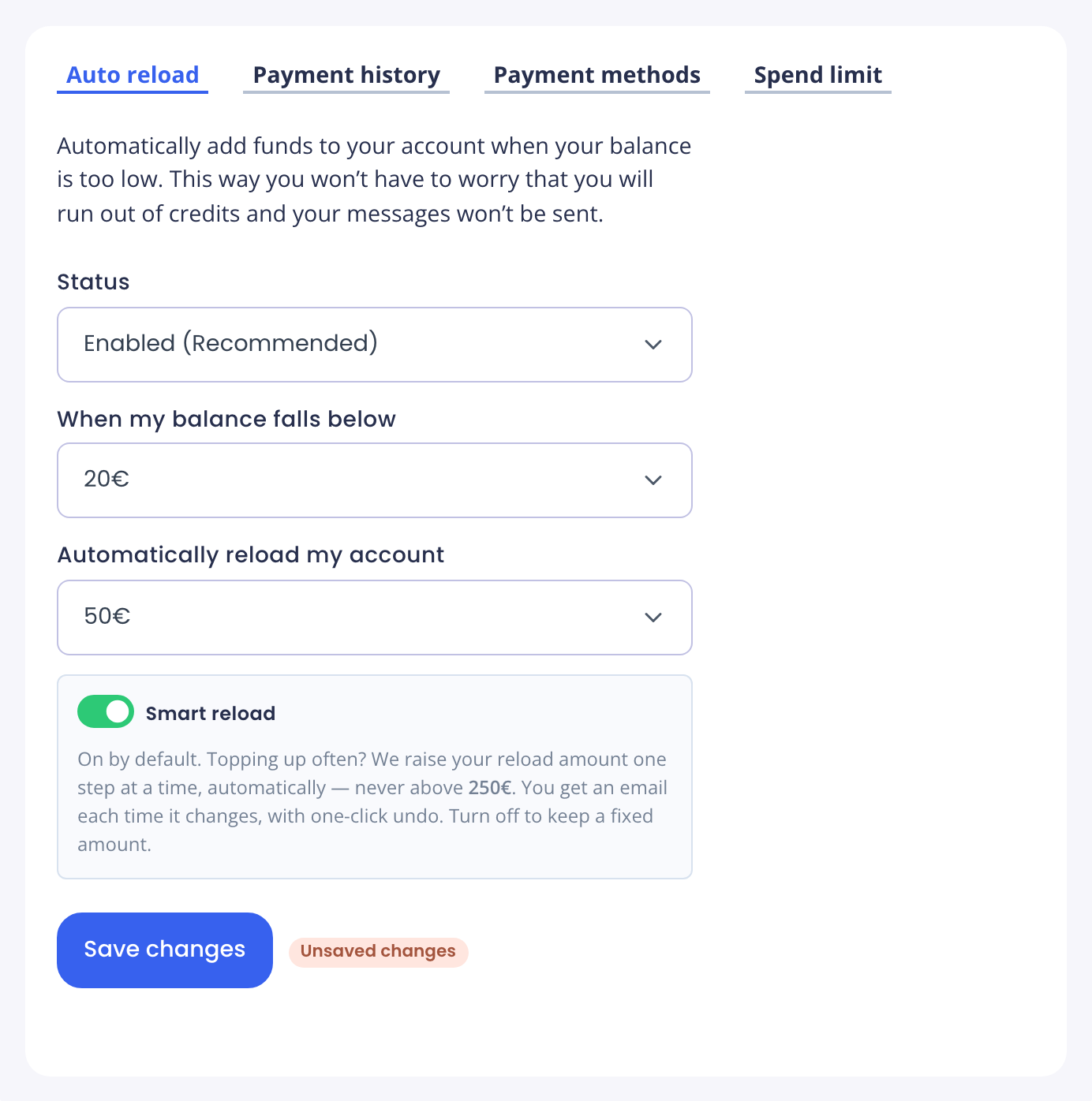 Auto reload tab with Status, threshold, reload amount and Smart reload