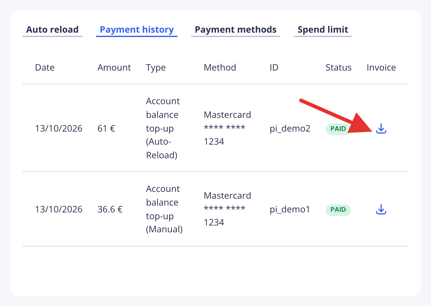 Payment history with paid top-ups and the invoice download icon