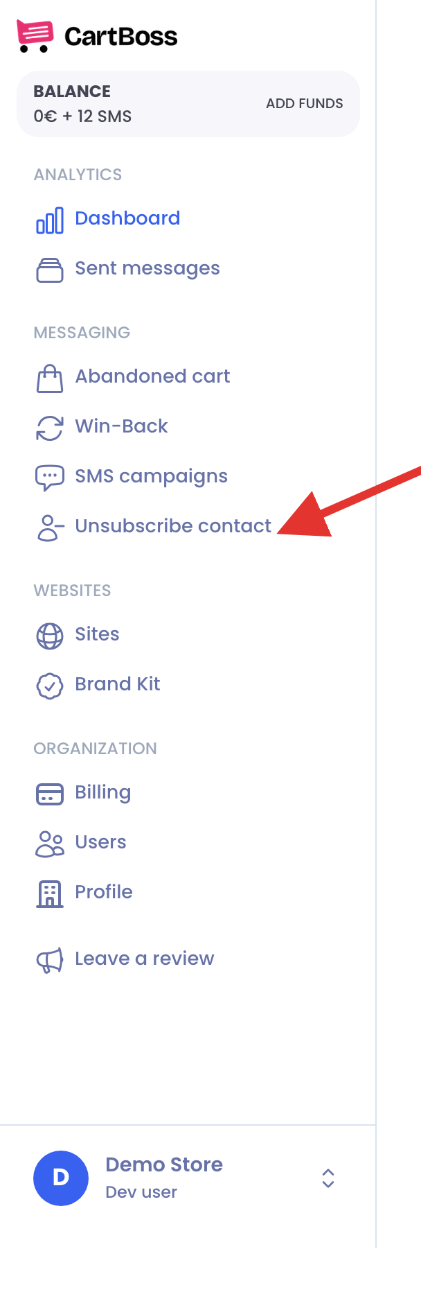 Left menu with Unsubscribe contact under Messaging