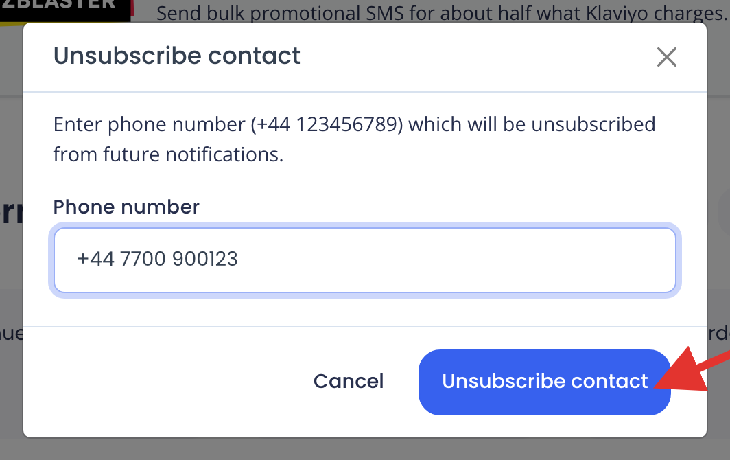 Unsubscribe contact window with a phone number filled in