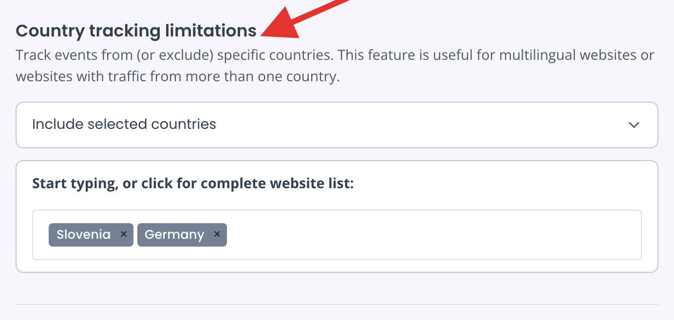 Country tracking limitations set to Include selected countries, with Slovenia and Germany