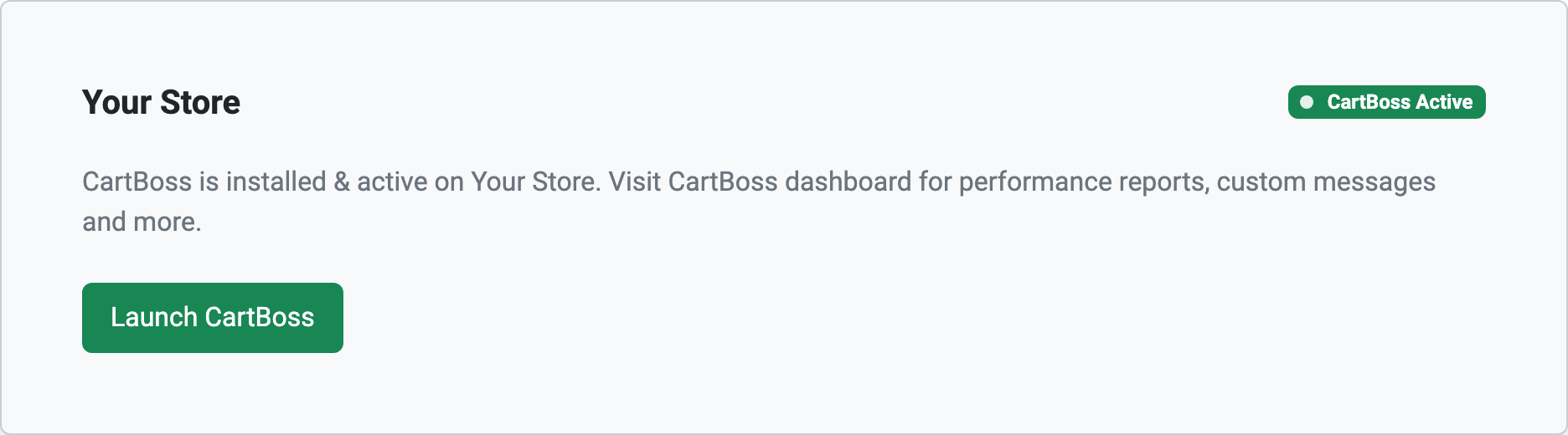 CartBoss app in Shopify showing CartBoss Active and the Launch CartBoss button