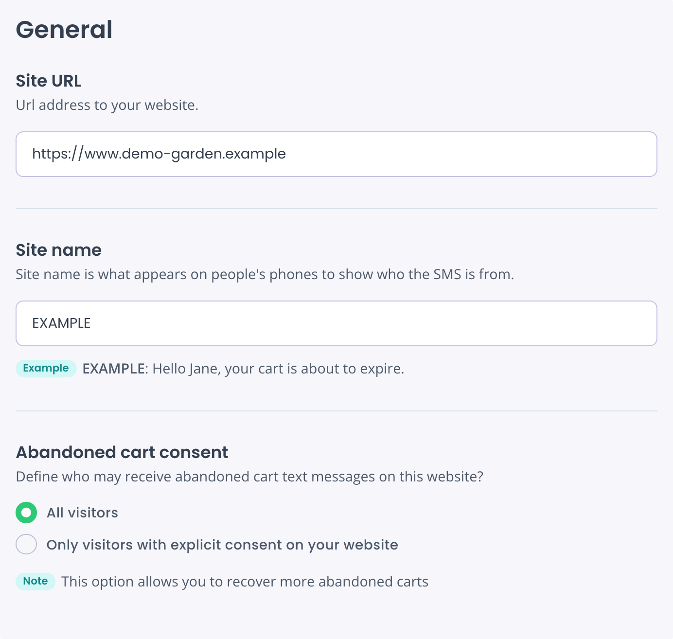 General tab with Site URL, Site name and Abandoned cart consent