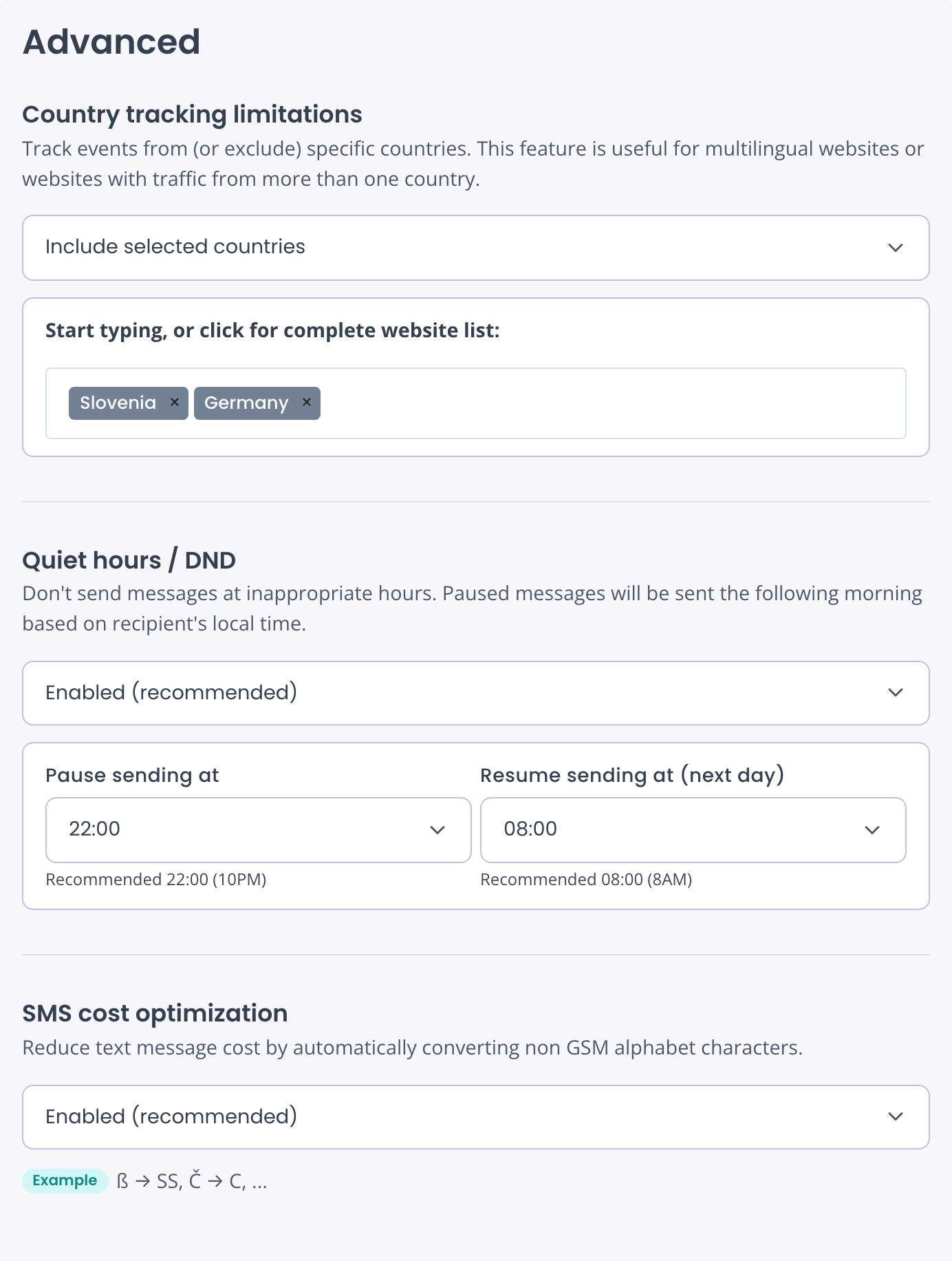 Advanced tab with Country tracking limitations, Quiet hours and SMS cost optimization