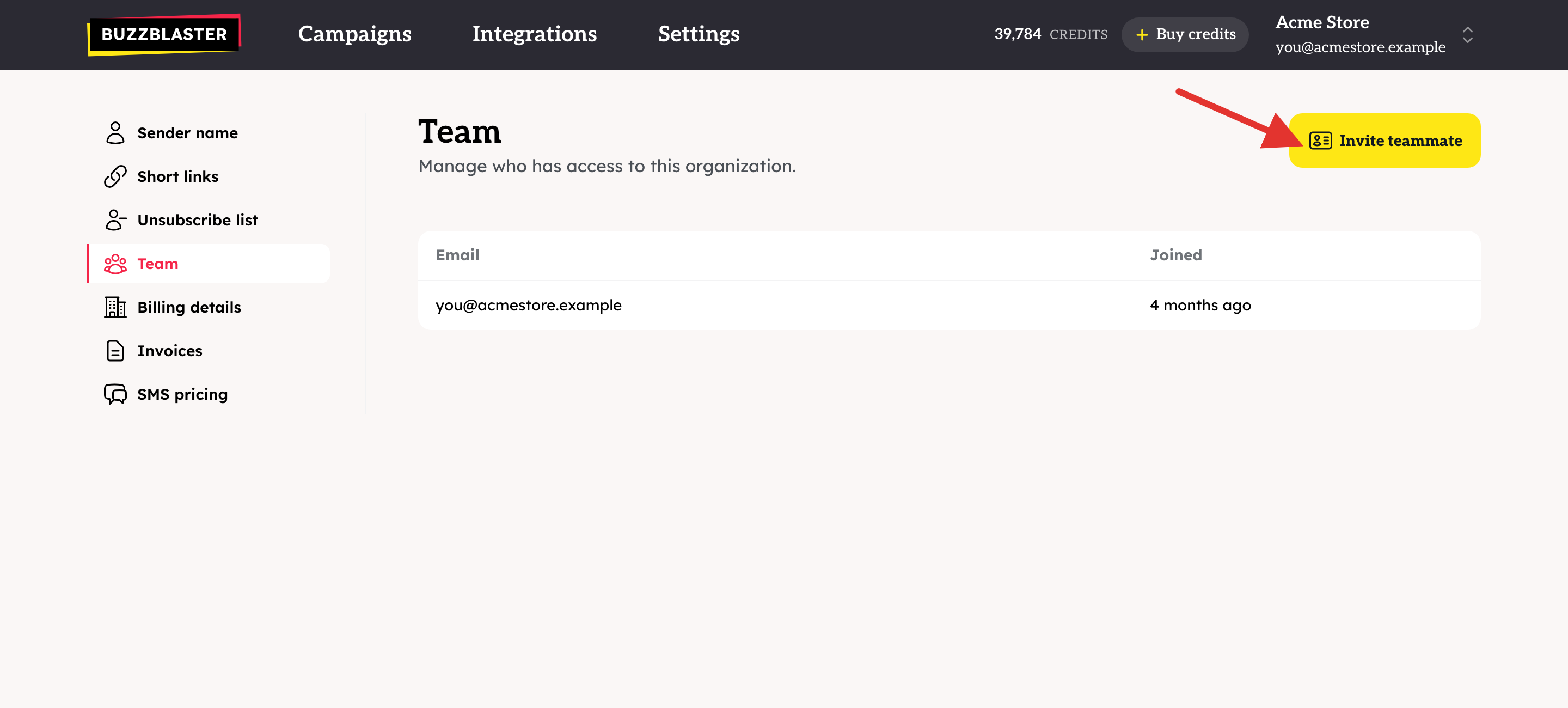 The Team page with the Invite teammate button