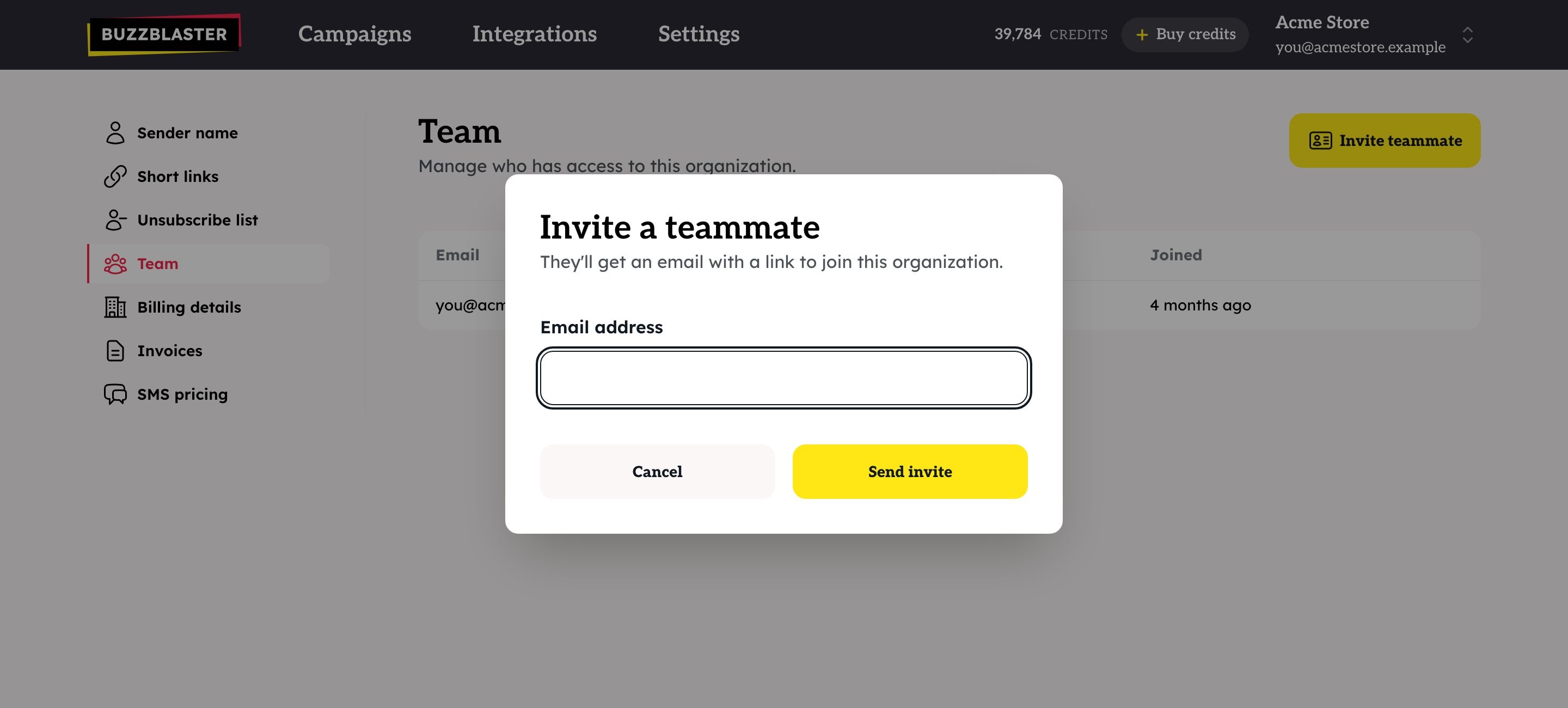 The Invite a teammate window