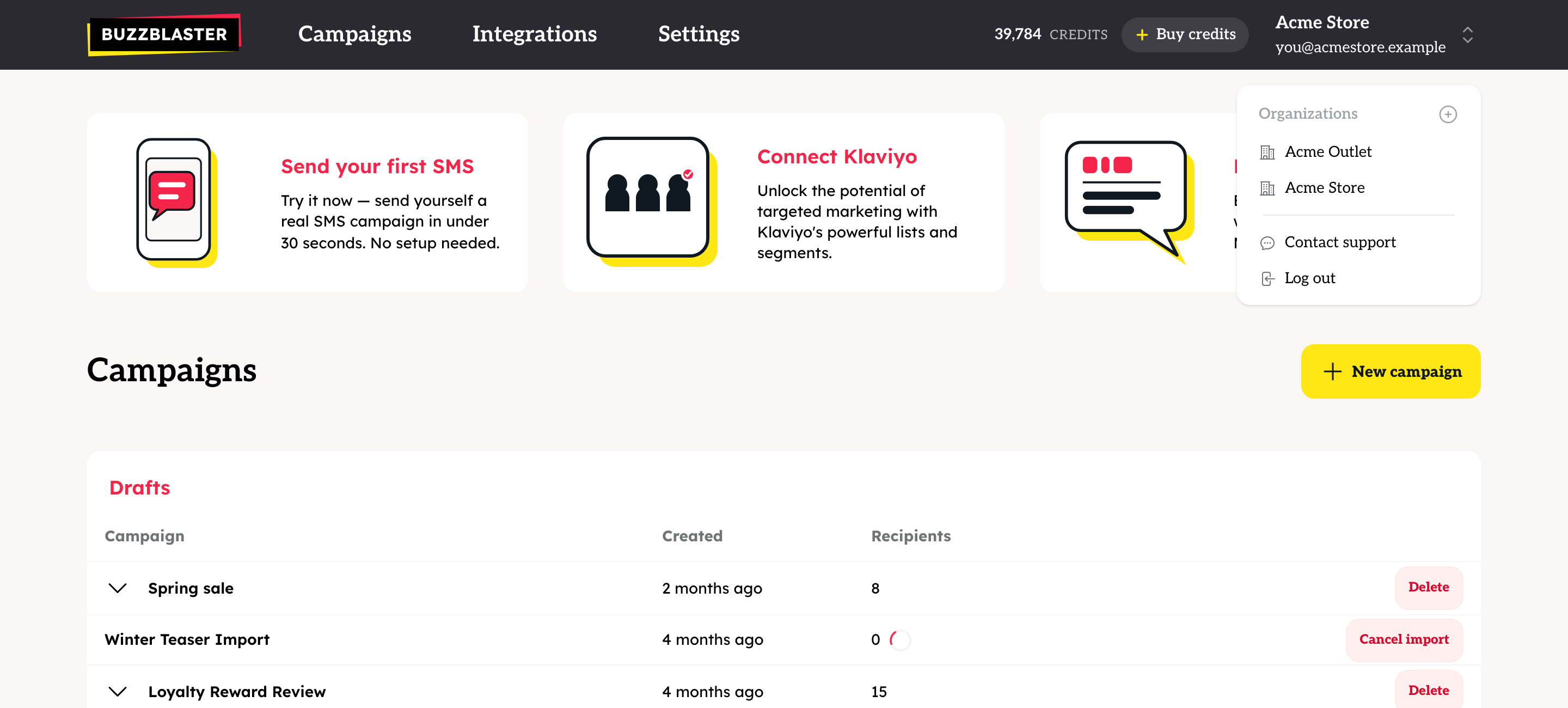 The account menu with the list of organizations