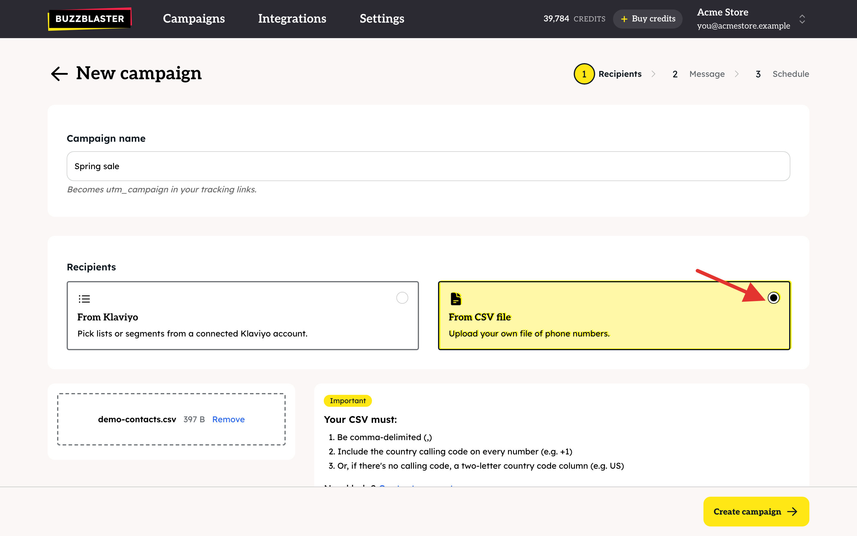 New campaign with a CSV file attached