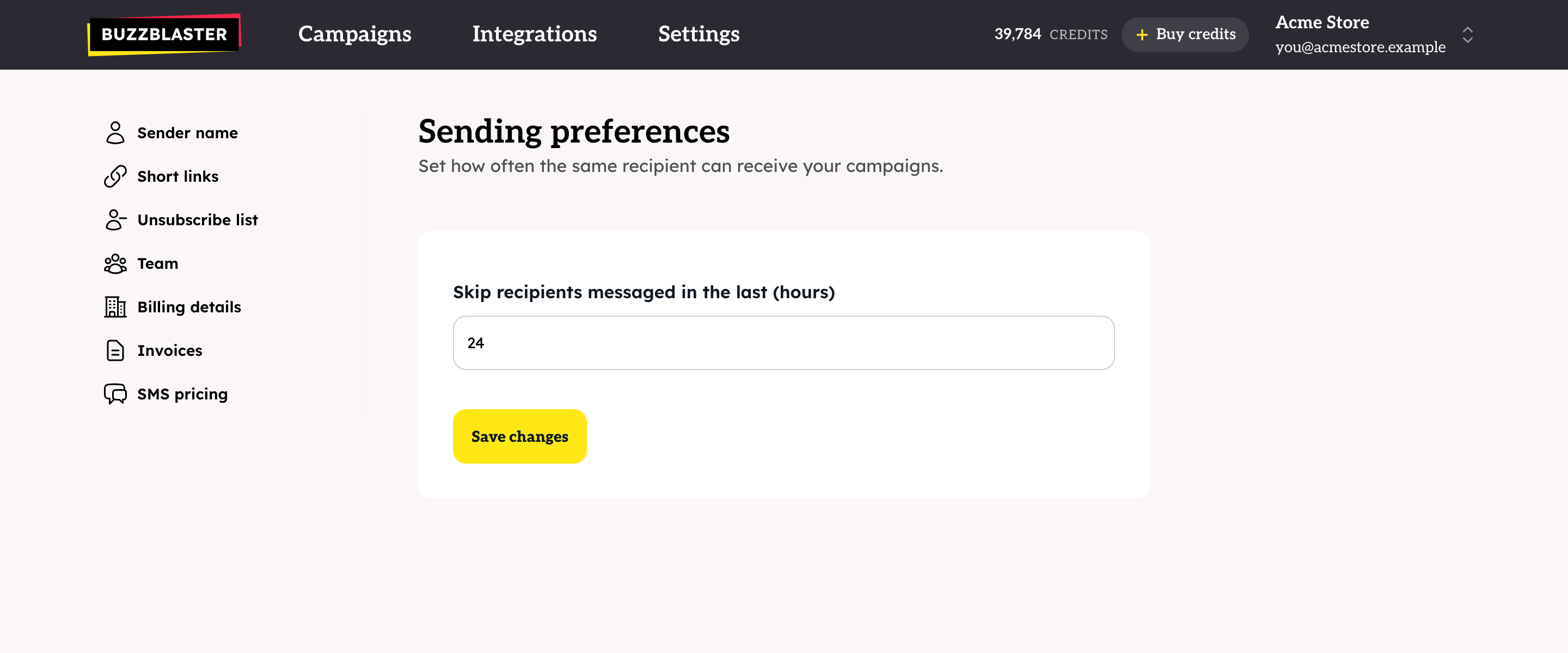 The Sending preferences page