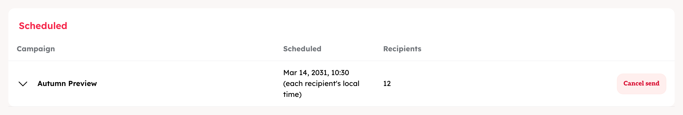 The Scheduled list with the Cancel send button