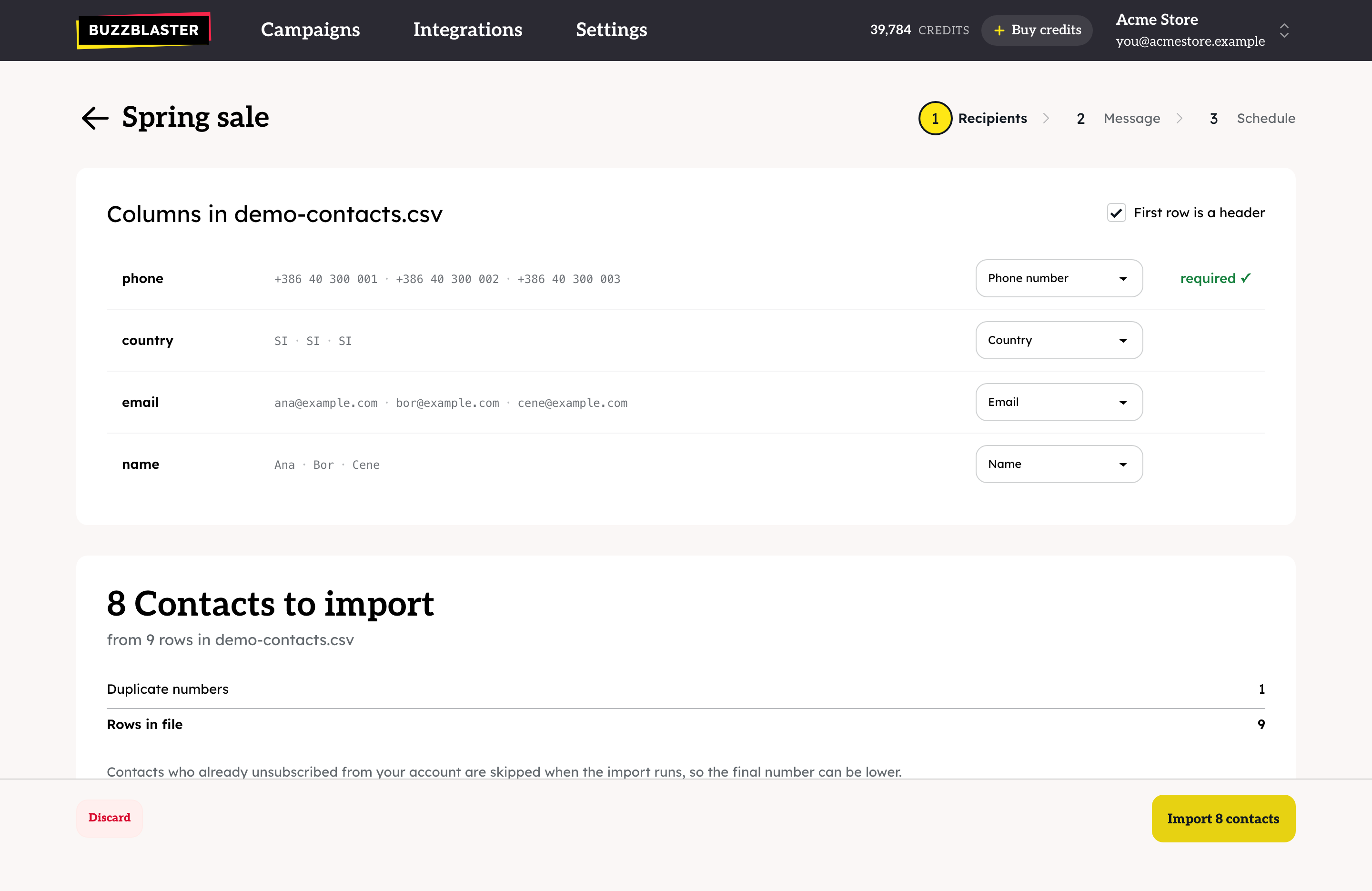 Columns in your file with the count of contacts to import