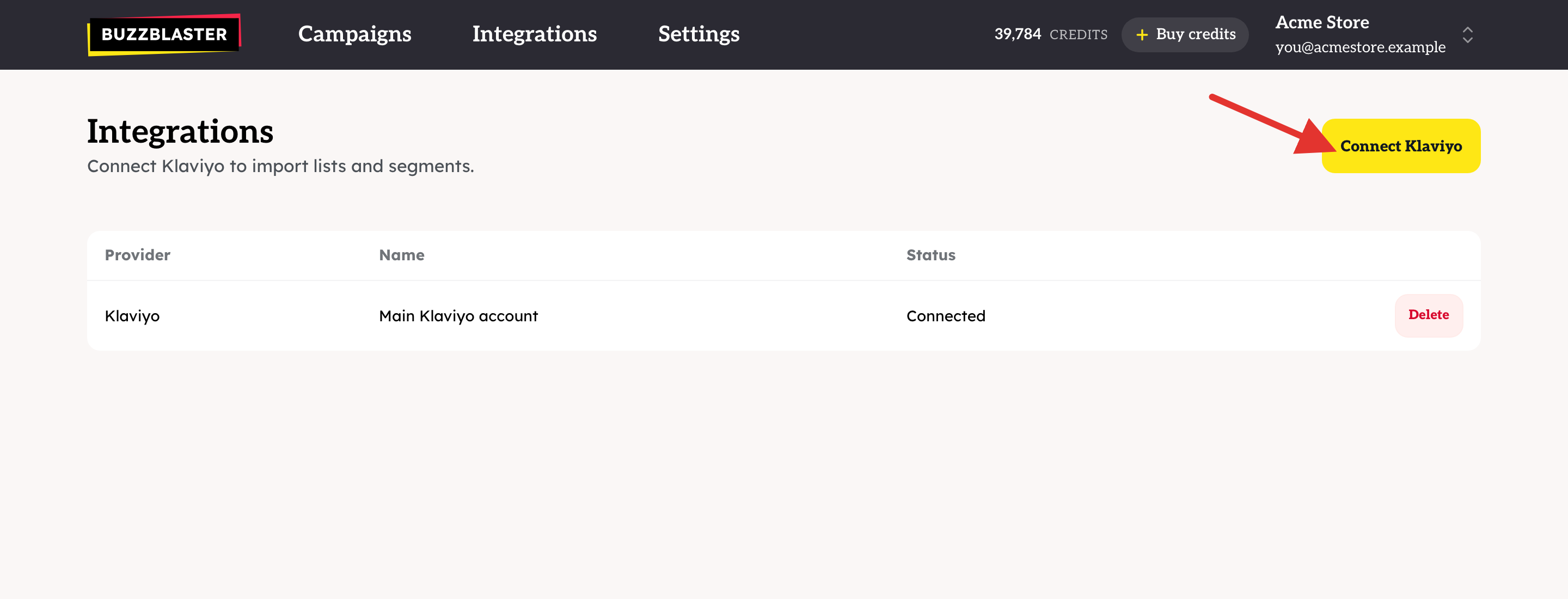 The Integrations page with the Connect Klaviyo button