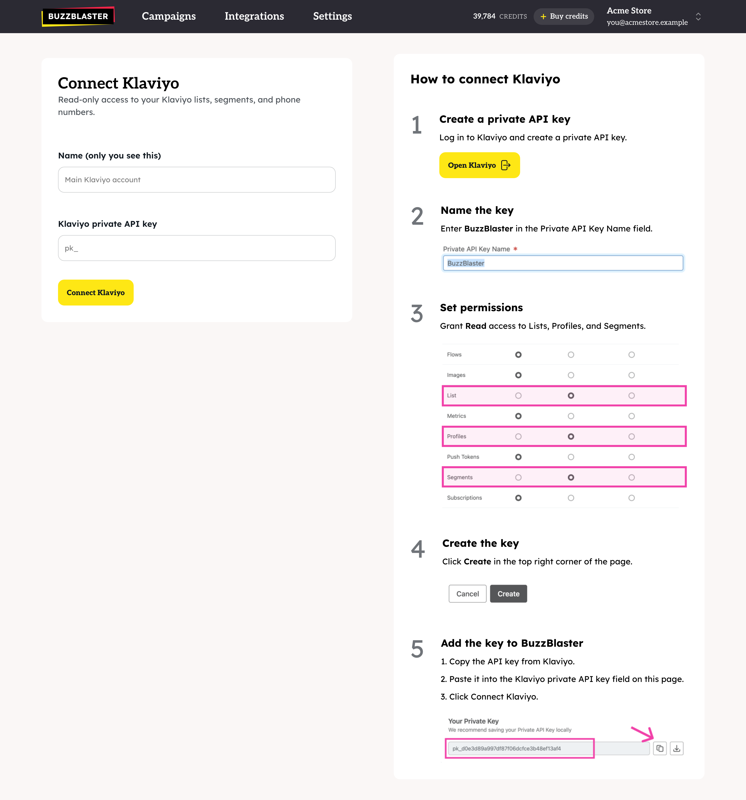 The Connect Klaviyo page with the step-by-step guide