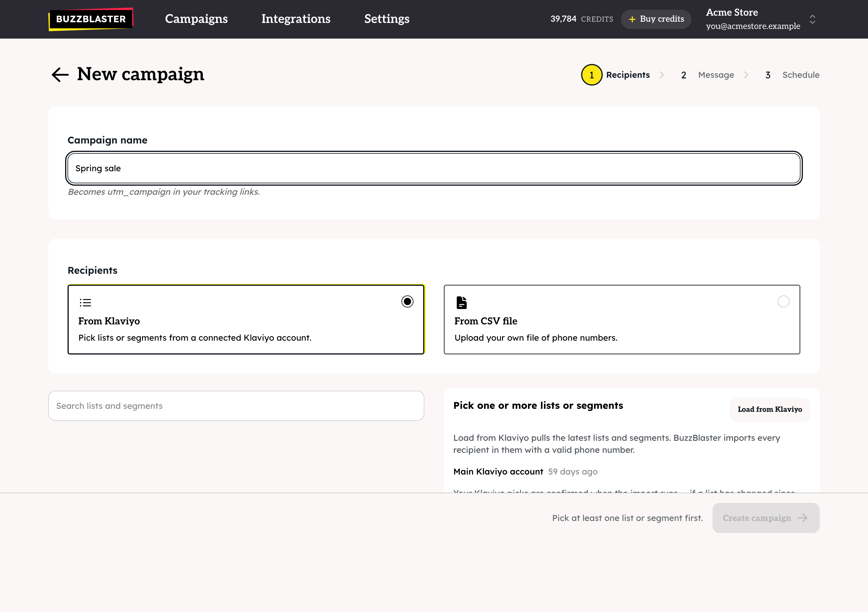 Picking Klaviyo lists and segments on the New campaign page