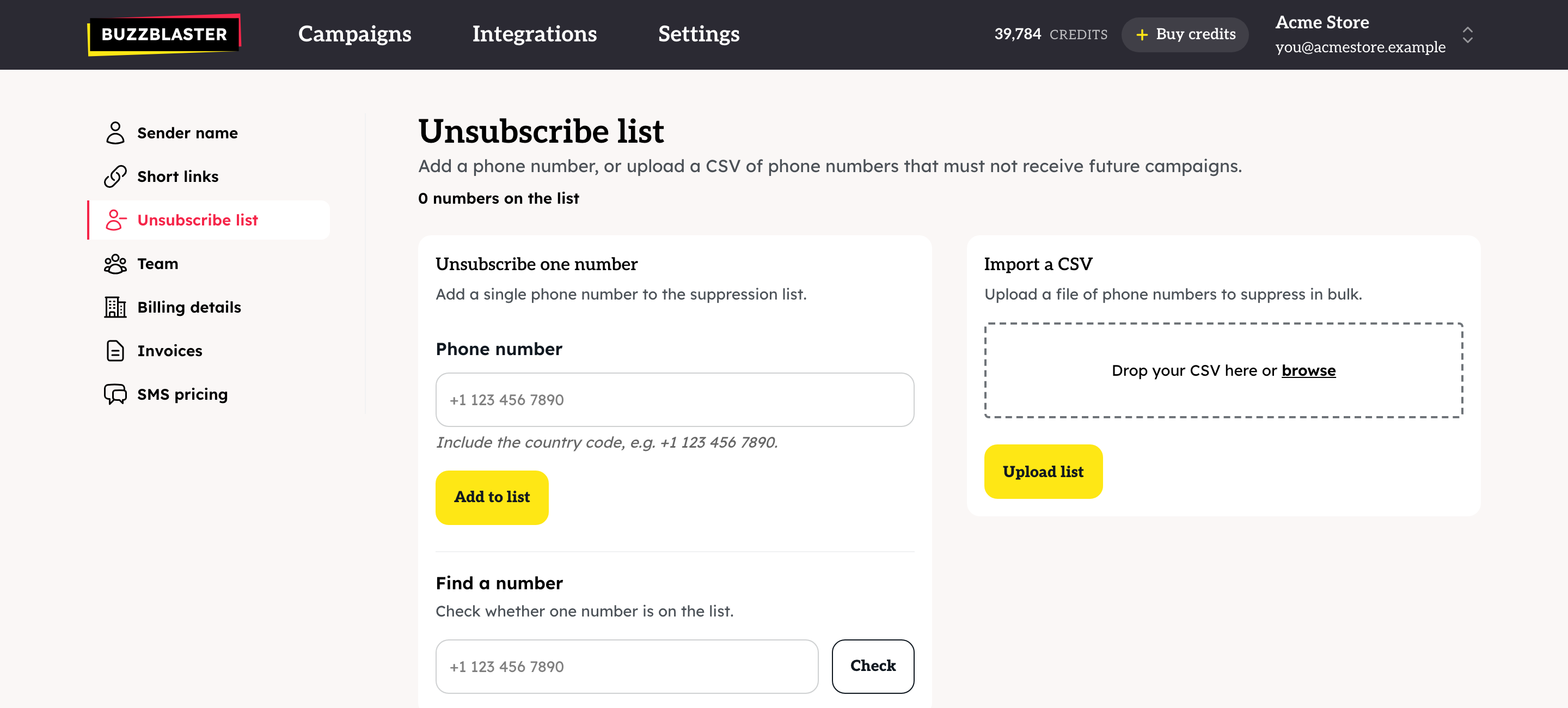 The Unsubscribe list page