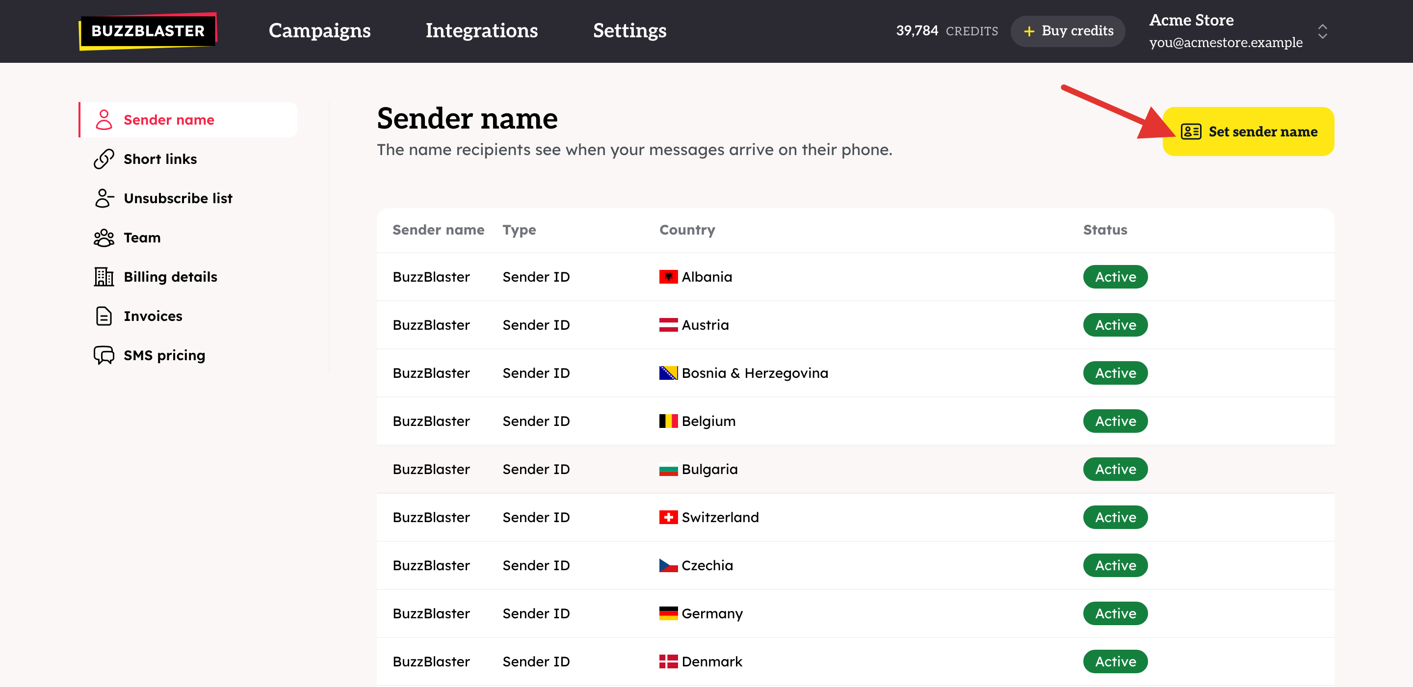 The Sender name page with the Set sender name button