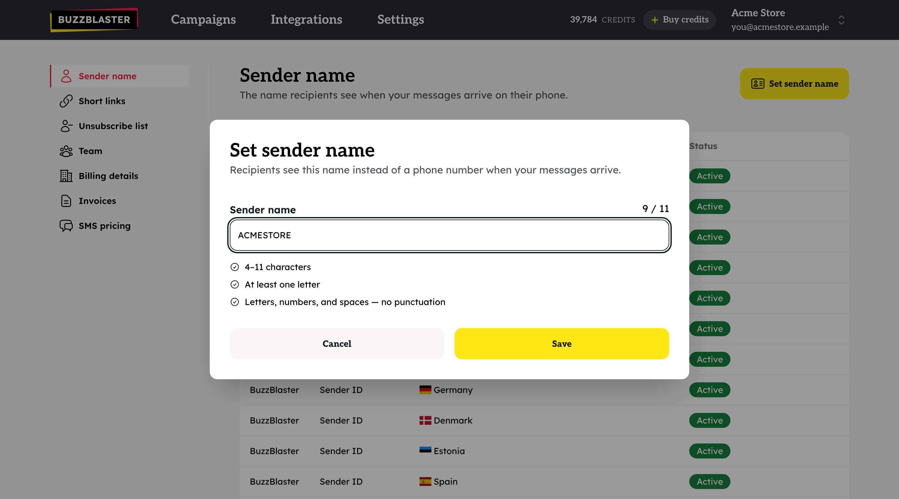 The Set sender name window