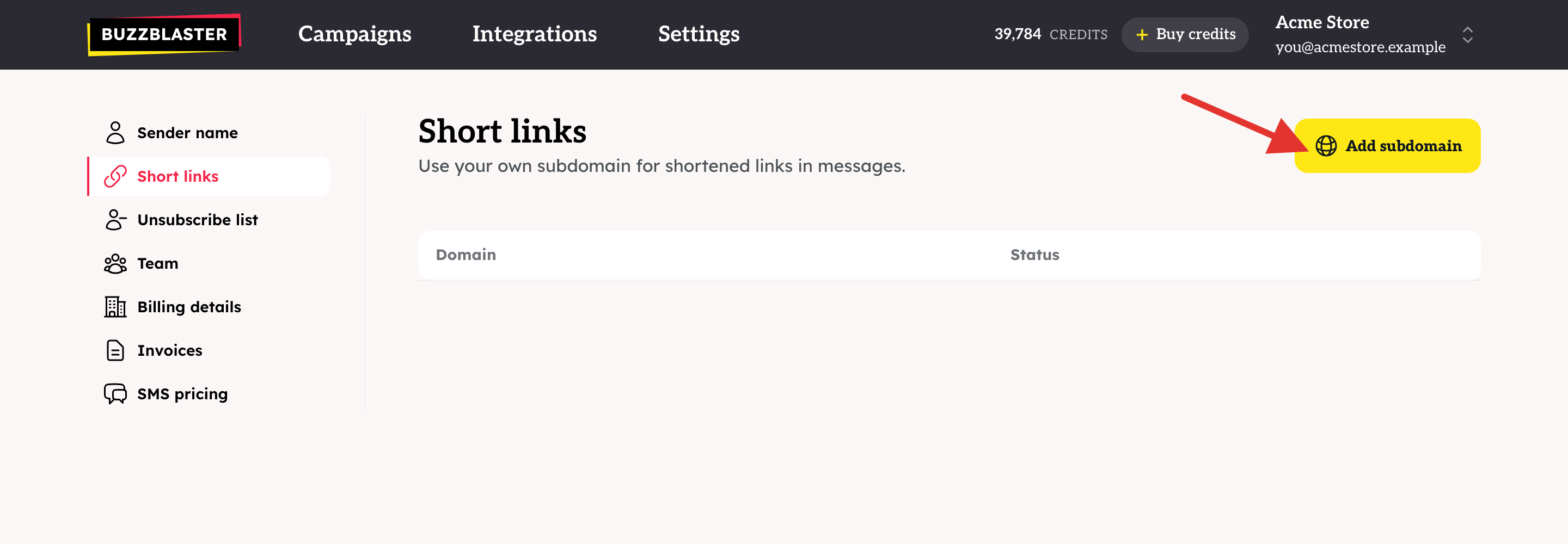 The Short links page with the Add subdomain button