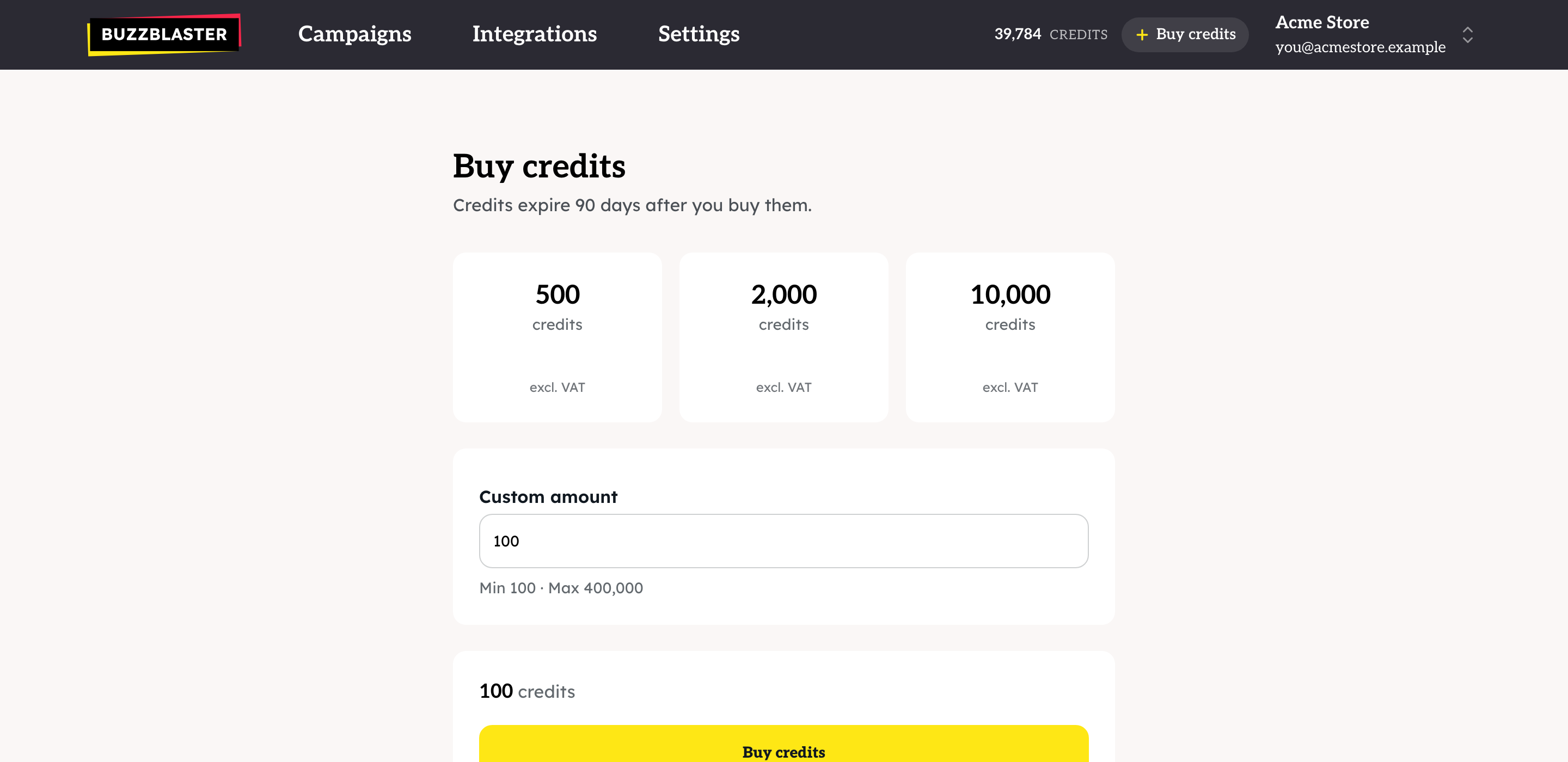 The Buy credits page
