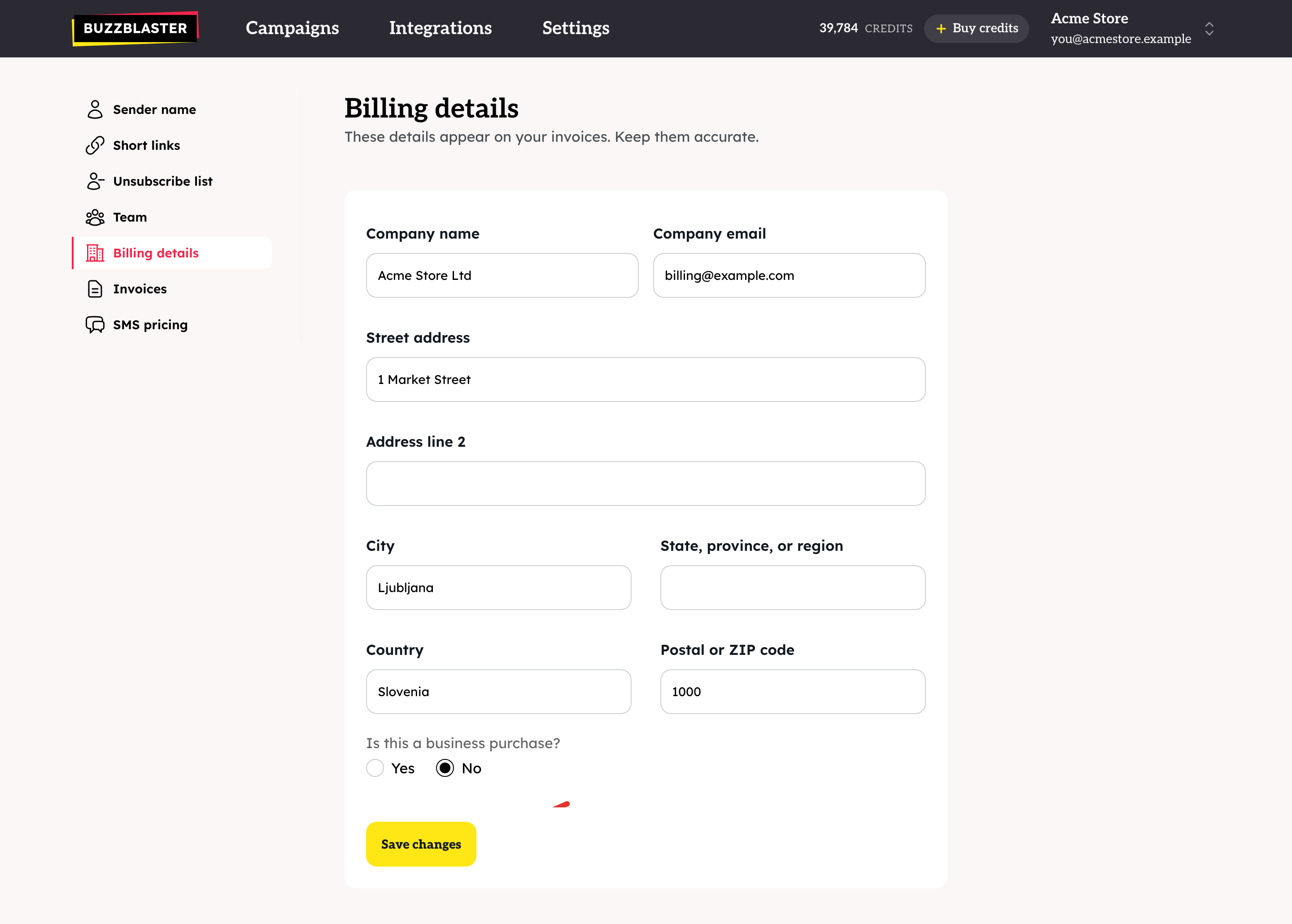 The Billing details page