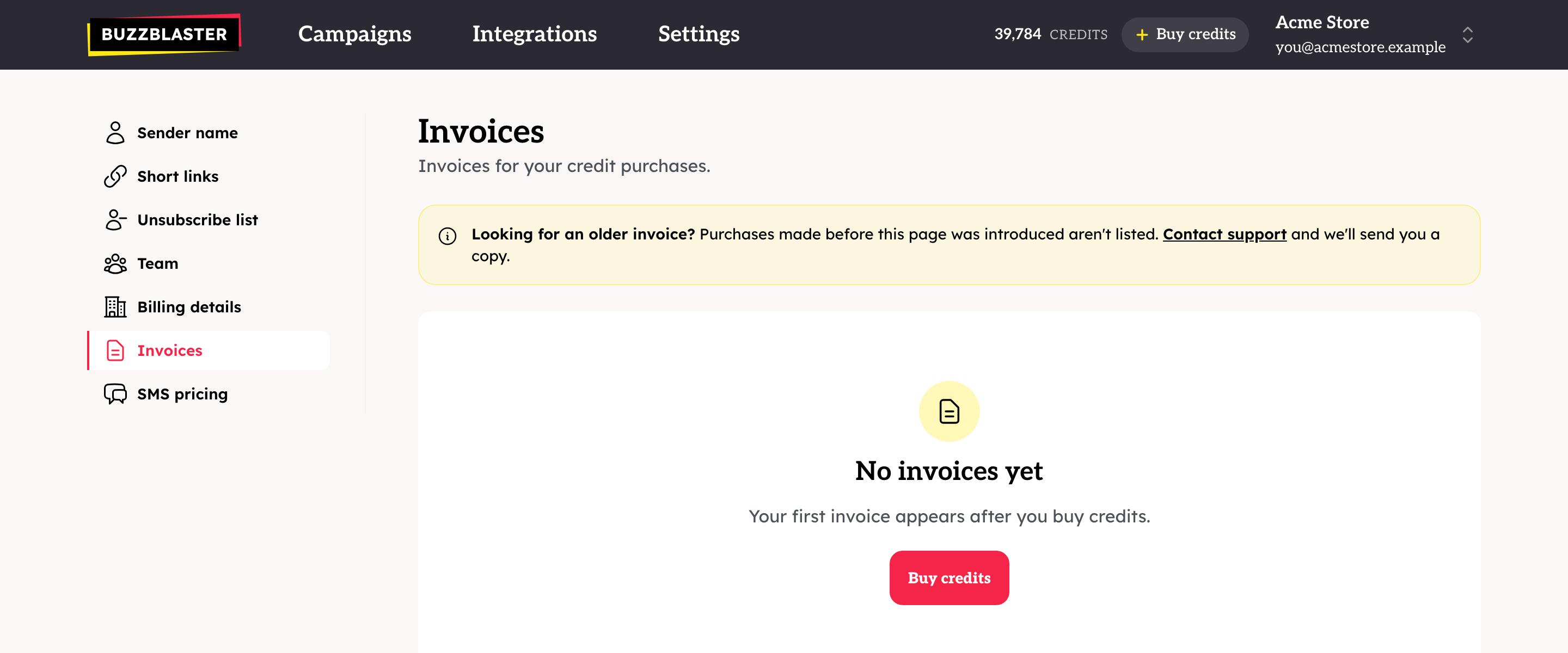 The Invoices page
