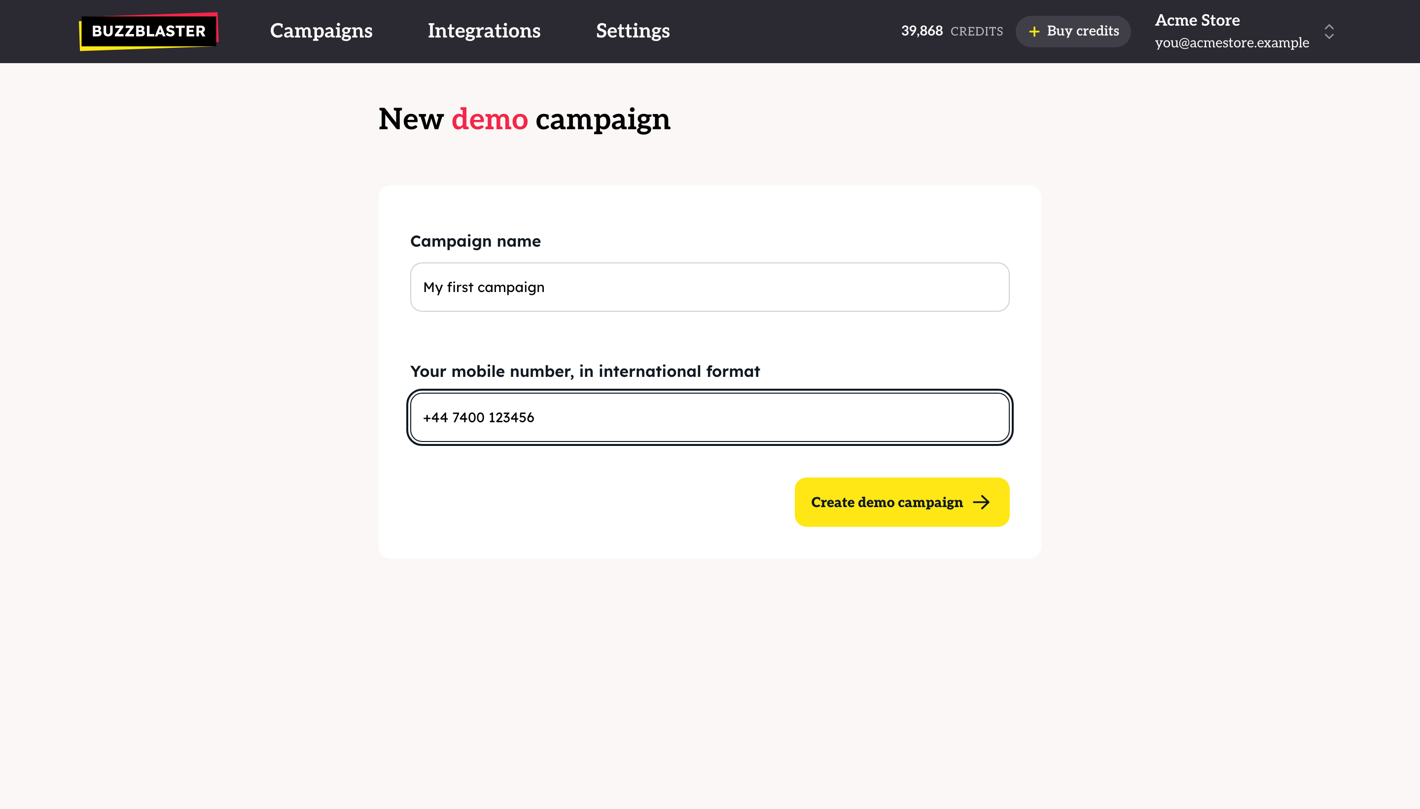 The New demo campaign form with a campaign name and a mobile number