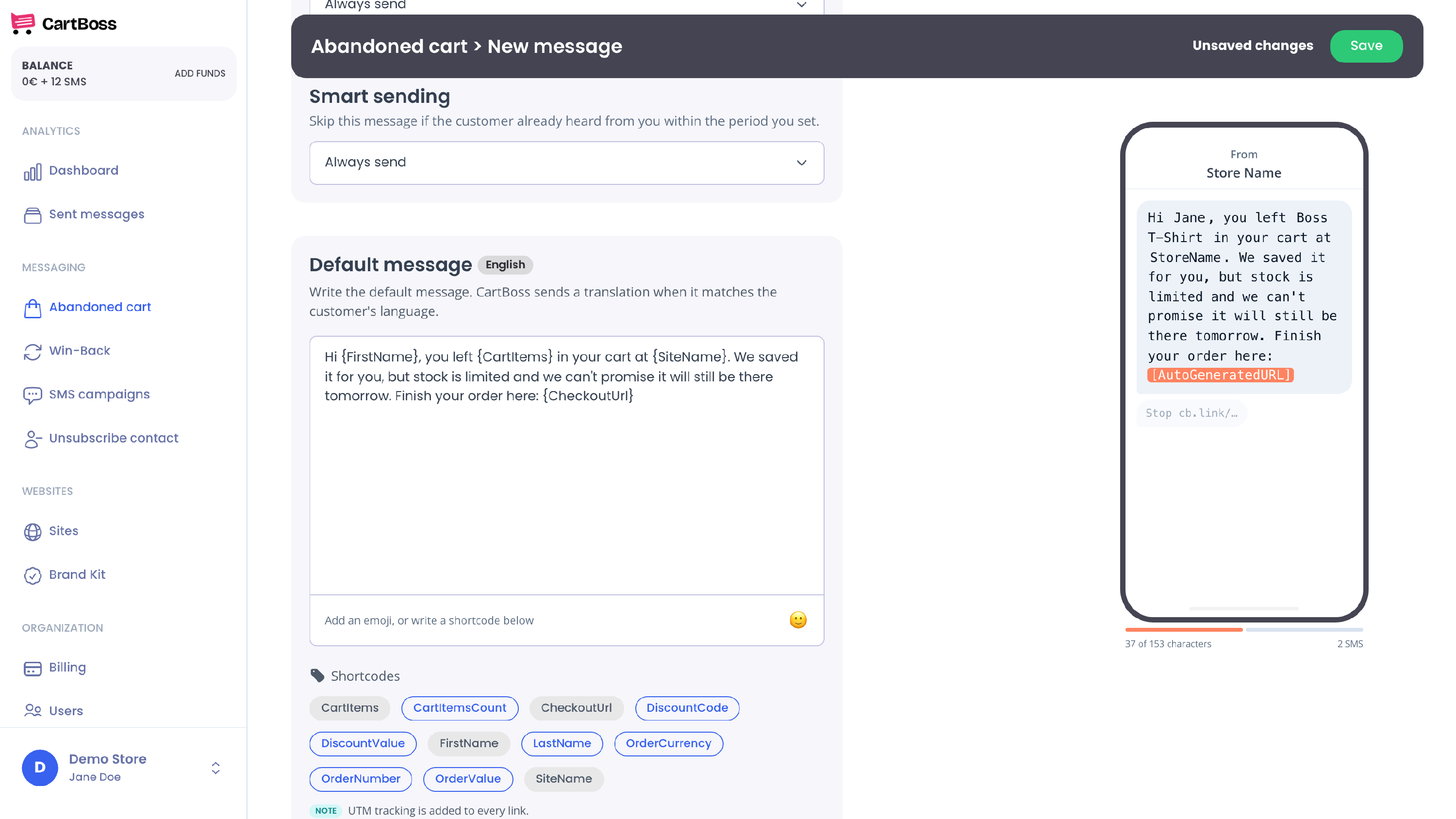 Message editor with a longer plain text; the meter shows 37 of 153 characters and 2 SMS
