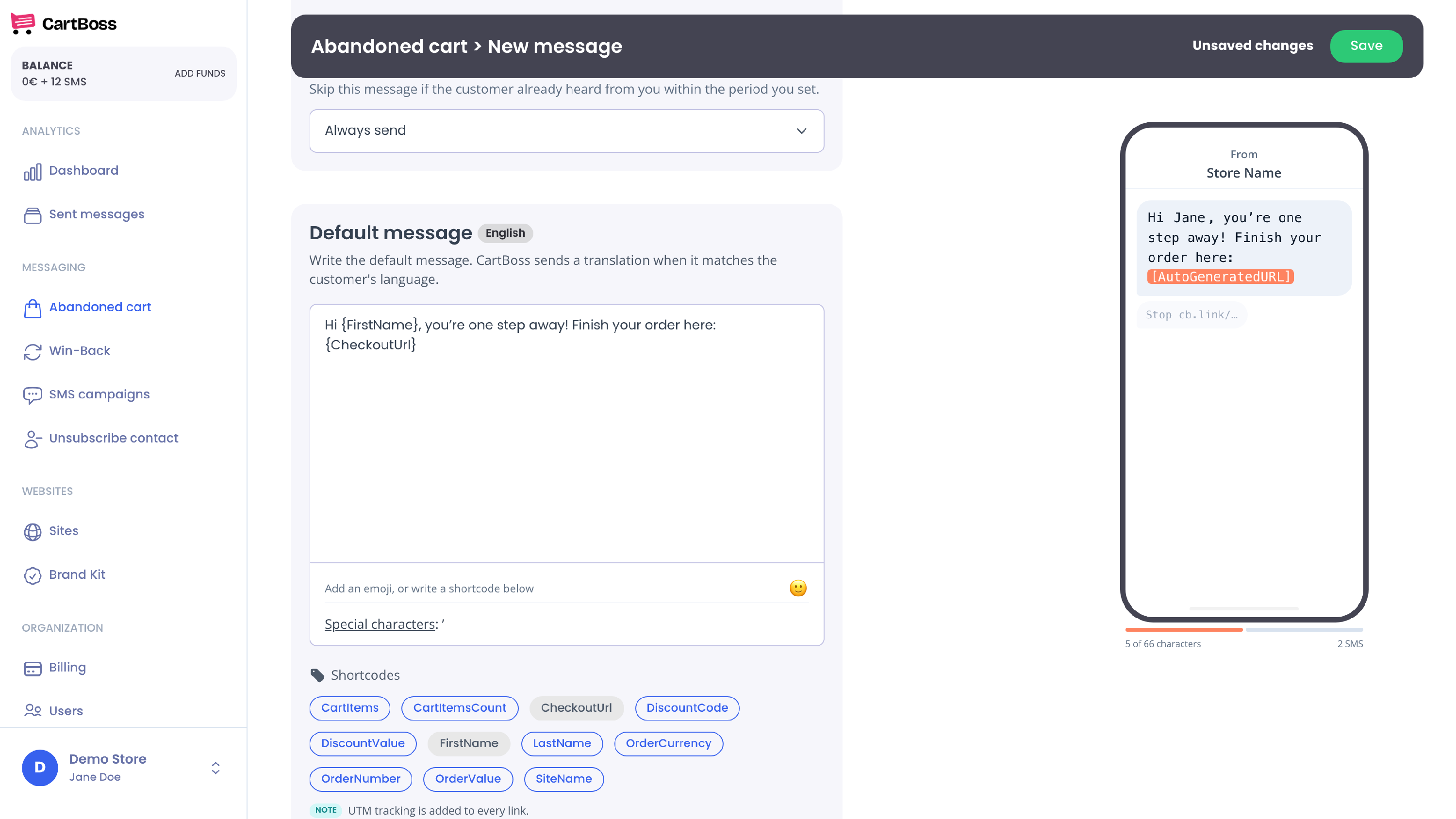 Message editor with Special characters: ’ under the box; the meter shows 5 of 66 characters and 2 SMS