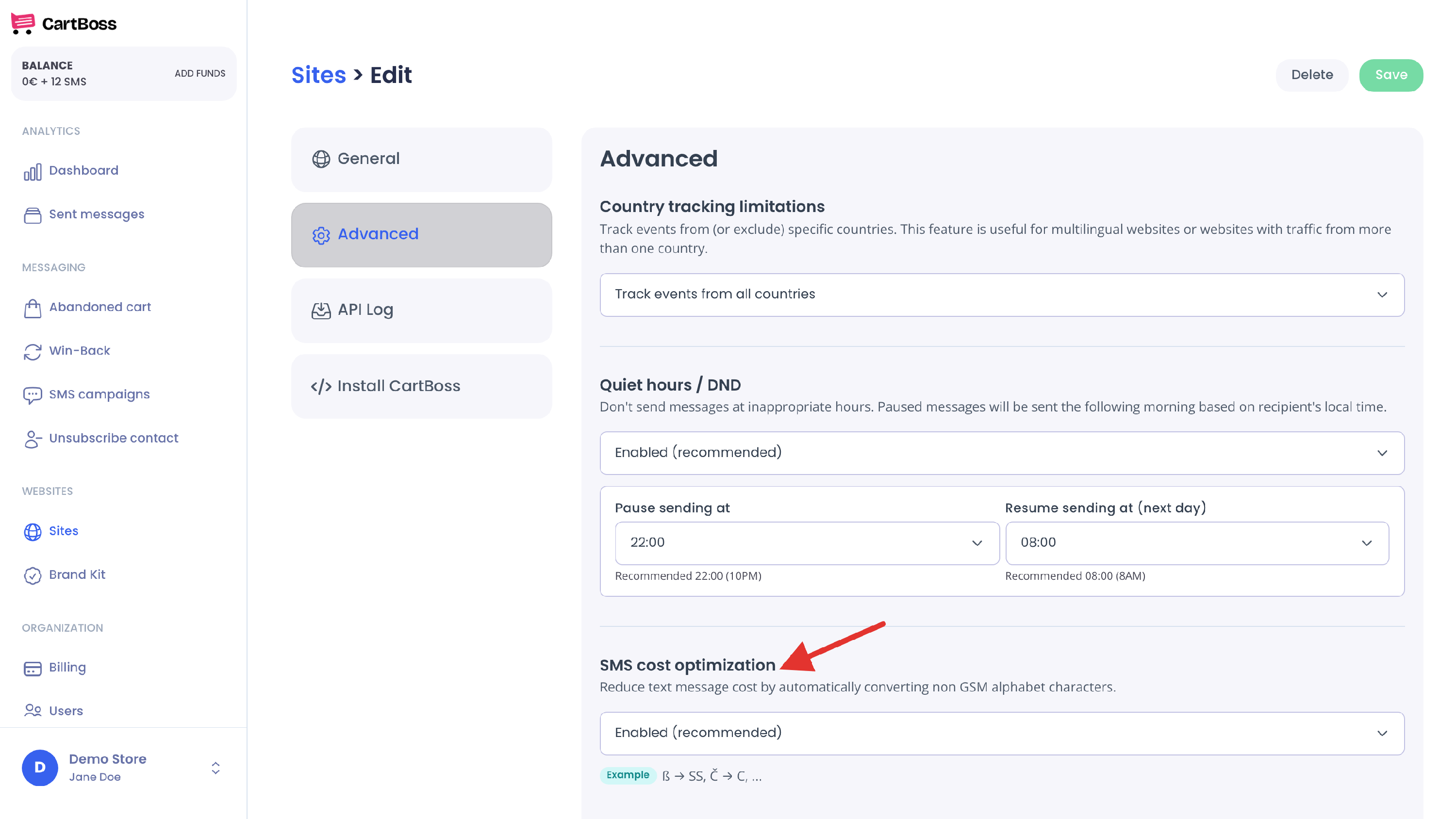 Sites, Edit, Advanced tab with the SMS cost optimization setting set to Enabled (recommended)