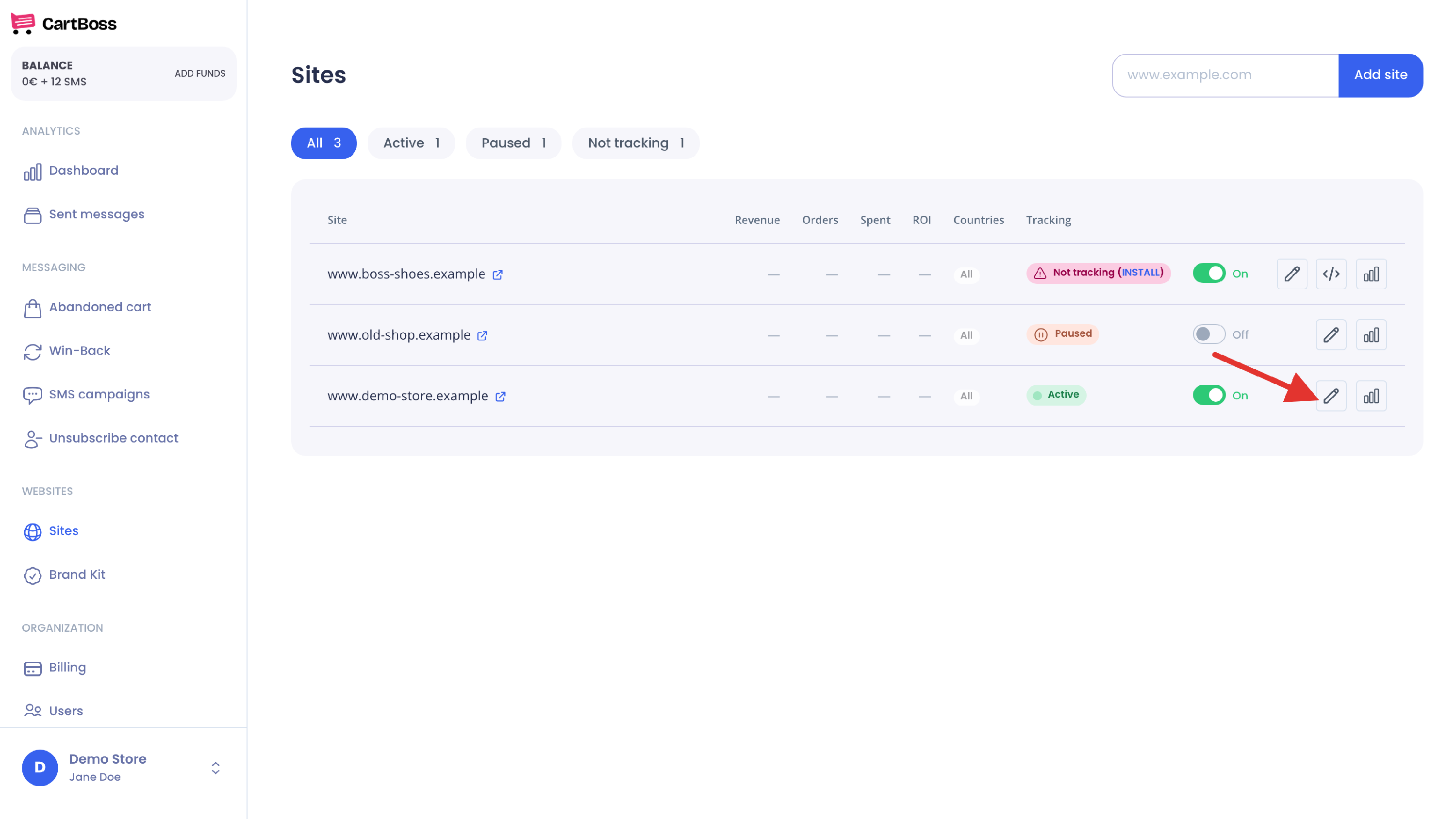 Sites list with an arrow on the pencil button that opens a store's settings