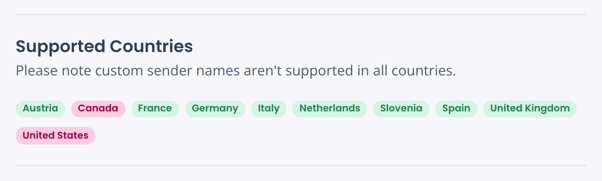 Brand Kit, Supported Countries: green labels for Austria, France, Germany, Italy and other supported countries, red labels for Canada and United States (demo data)